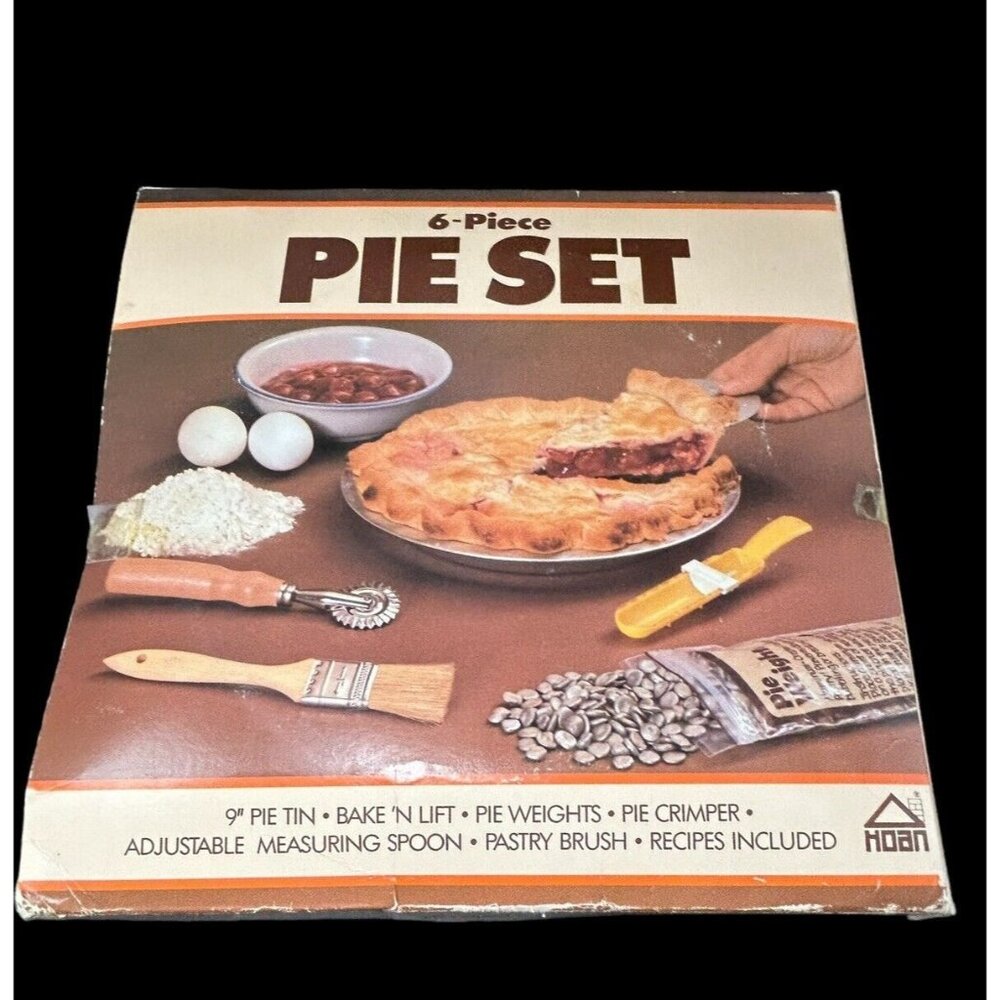 NOS 1983 Pie Baking 6 Piece Set ~ Cutter, Pan, Weights, Measuring, Brush, Boxed